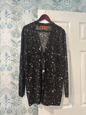 Tory Burch Black Splatter Merino Wool Knit Cardigan
